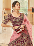Incredible Maroon Embroidered Velvet Bridal Wear Lehenga Choli - Ethnic Plus In