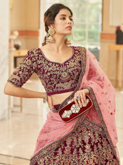 Incredible Maroon Embroidered Velvet Bridal Wear Lehenga Choli - Ethnic Plus In
