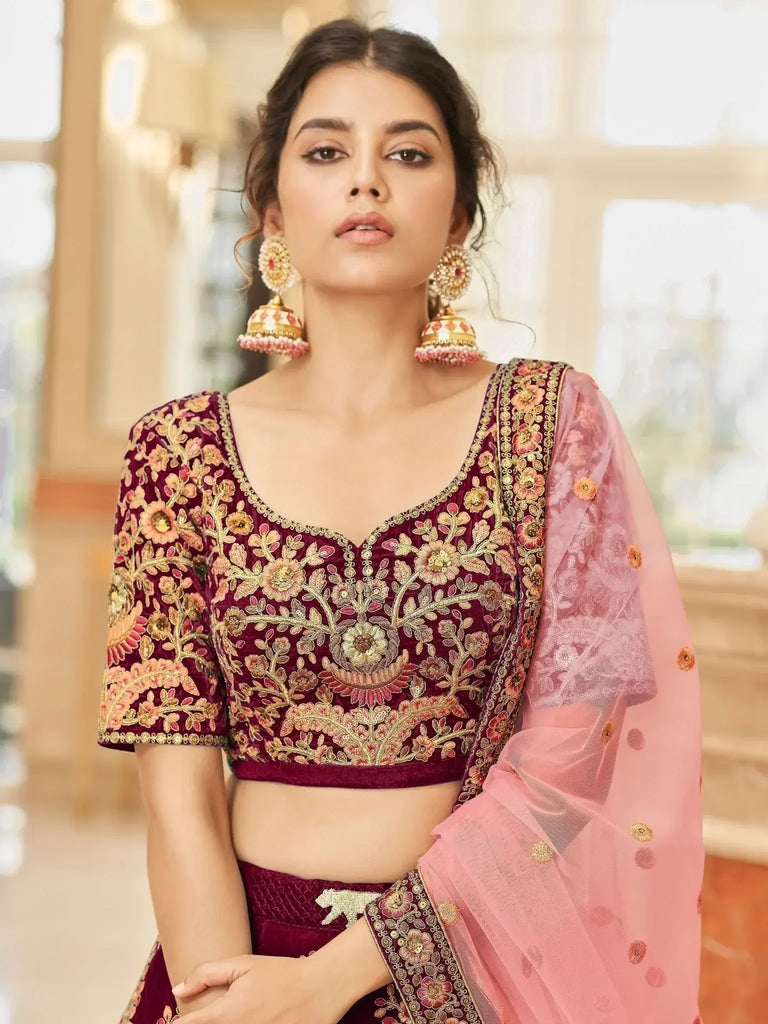 Incredible Maroon Embroidered Velvet Bridal Wear Lehenga Choli - Ethnic Plus In