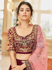 Incredible Maroon Embroidered Velvet Bridal Wear Lehenga Choli - Ethnic Plus In