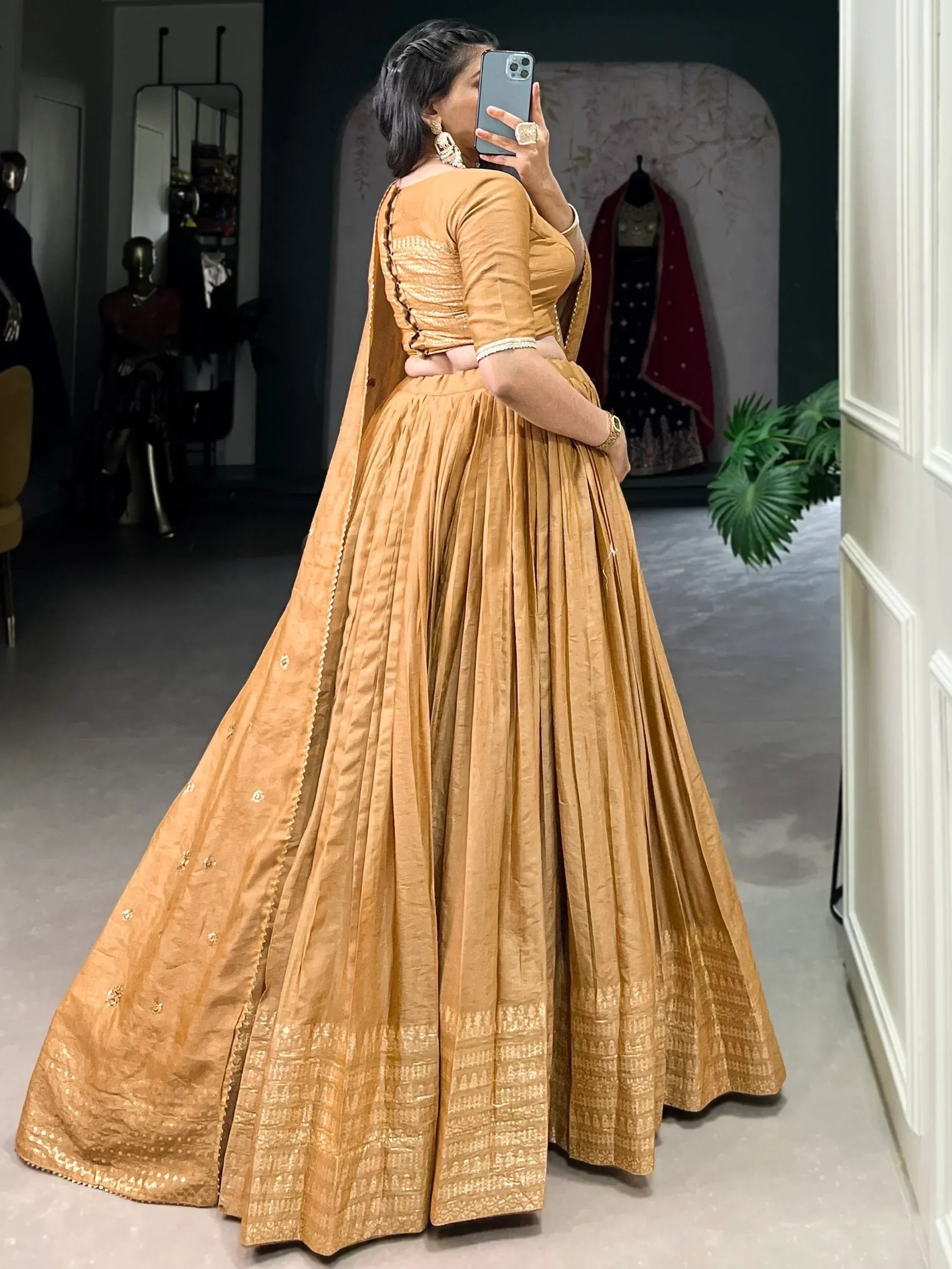 Mustard yellow lehenga choli with pleated skirt and embroidered dupatta, perfect for Indian ethnic occasions
