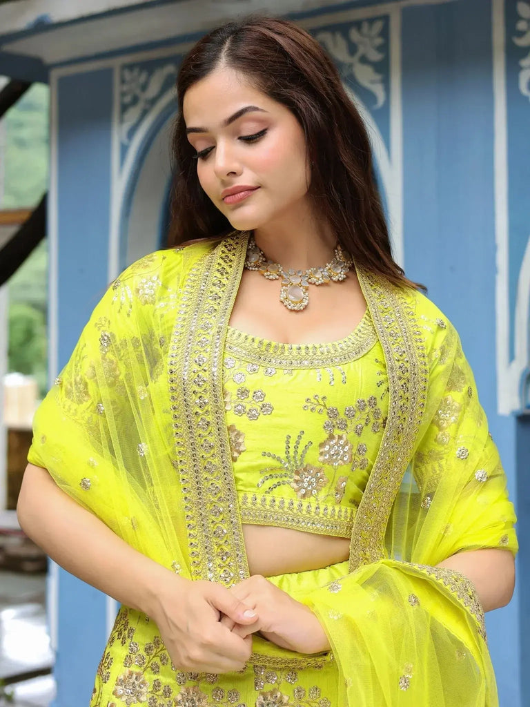 Incredible Neon Embroidery Silk Event Wear Lehenga Choli With Dupatta - Ethnic Plus In