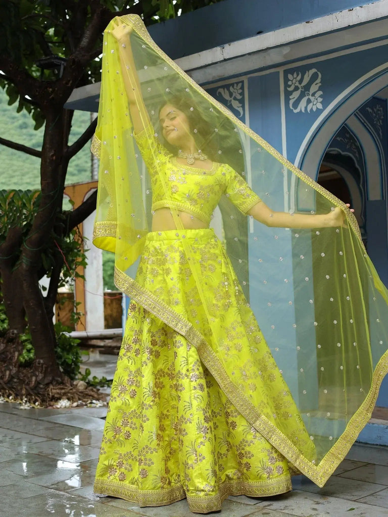 Incredible Neon Embroidery Silk Event Wear Lehenga Choli With Dupatta - Ethnic Plus In