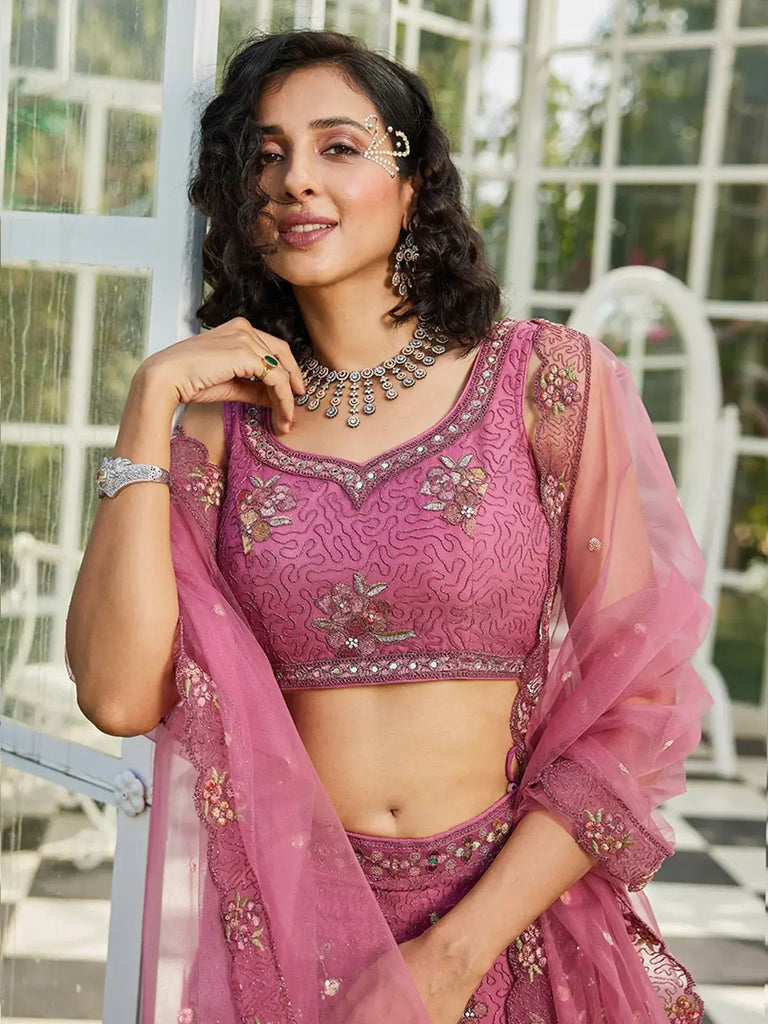Incredible Pink Embroidered Net Wedding Lehenga Choli With Dupatta - Ethnic Plus In