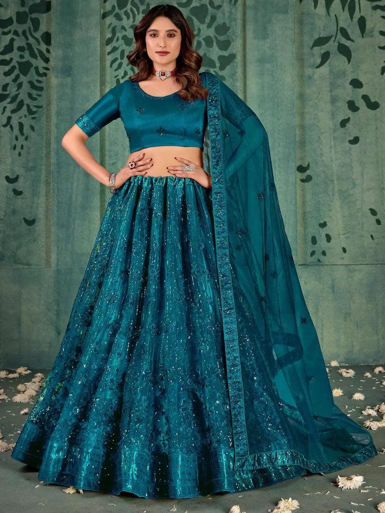 Incredible Teal Blue Sequins Net Engagement Wear Lehenga Choli - Ethnic Plus In