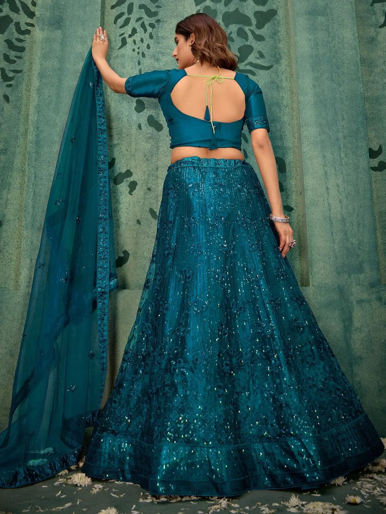 Incredible Teal Blue Sequins Net Engagement Wear Lehenga Choli - Ethnic Plus In