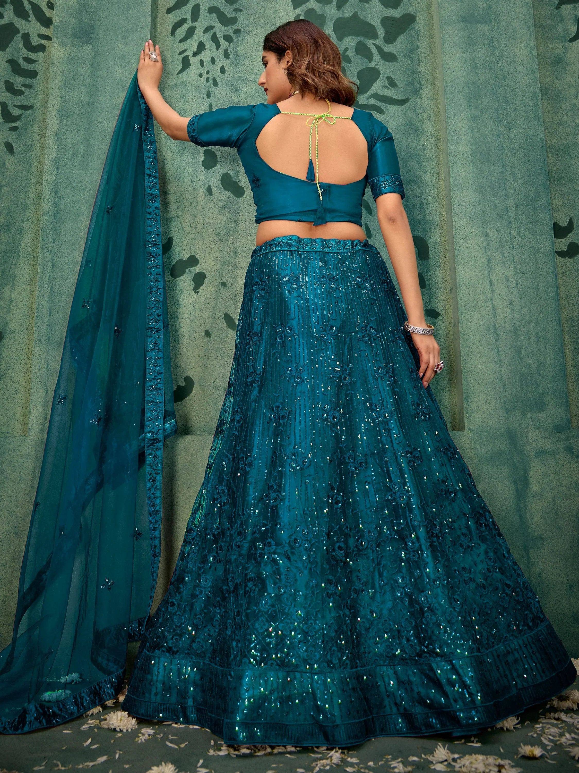 Teal blue designer lehenga choli with sequin embroidery and back tie blouse, ethnic wear for women