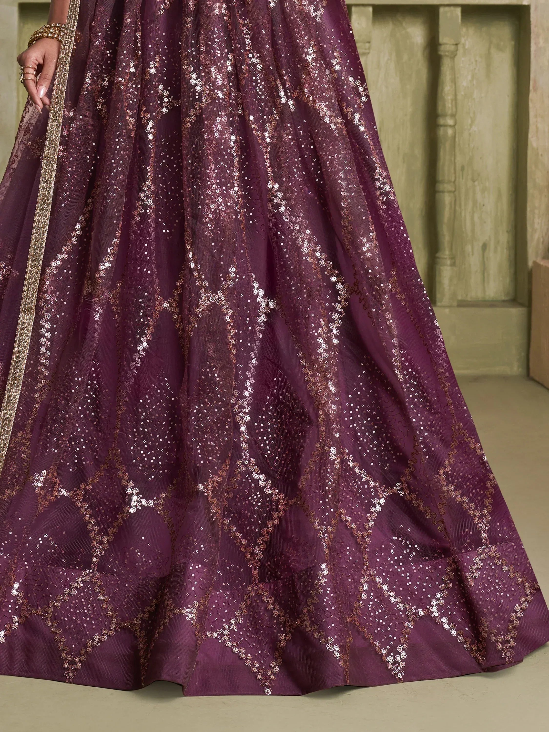 Purple sequin lehenga choli with gold border, ethnic Indian wedding wear