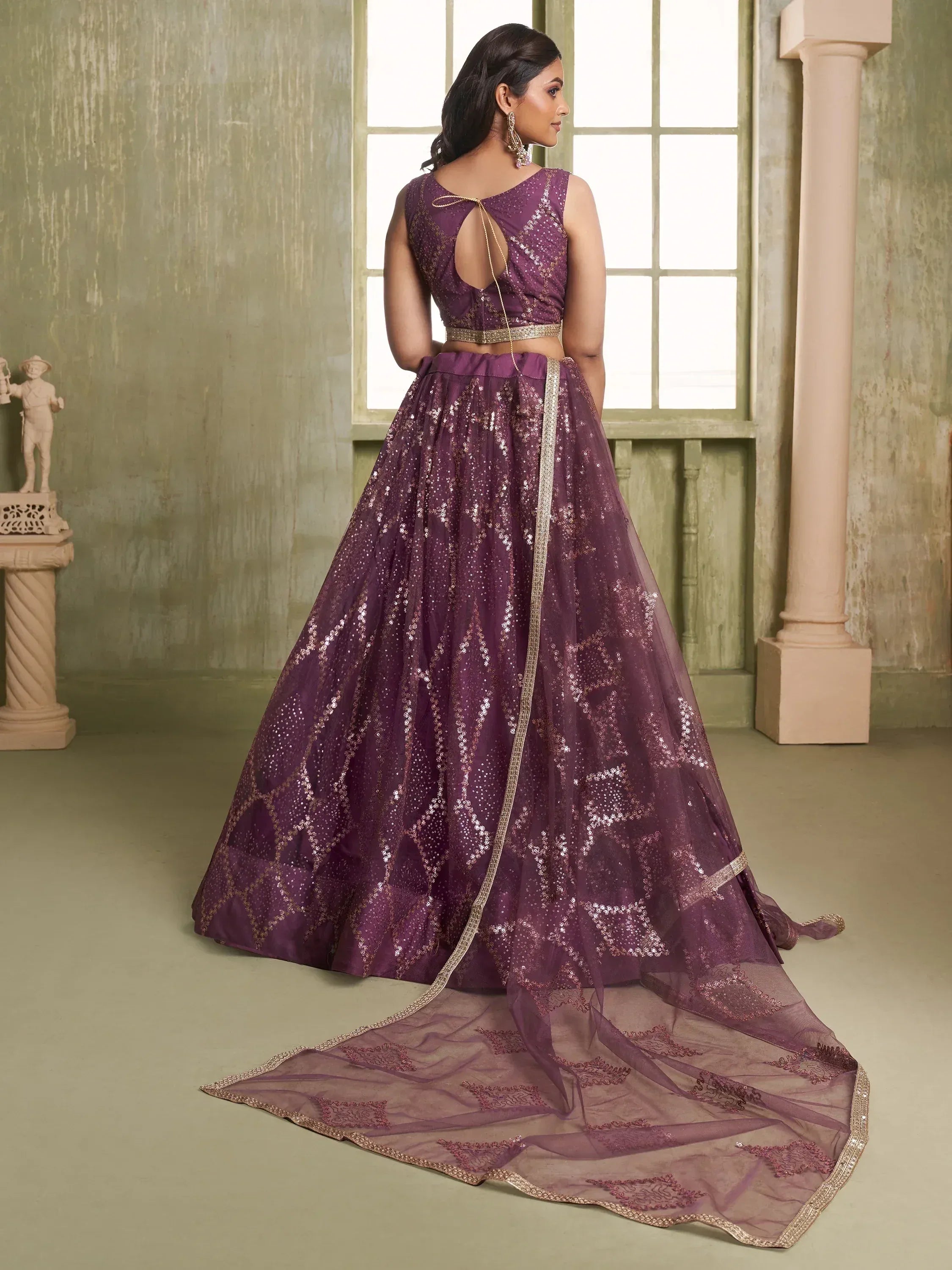 Purple sequin lehenga choli with back tie detail, perfect for Indian weddings and festive occasions