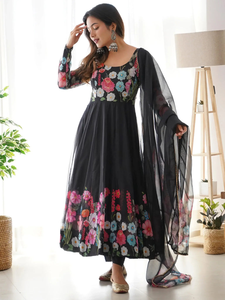 Incredible Black Floral Printed Organza Anarkali Suit With Dupatta