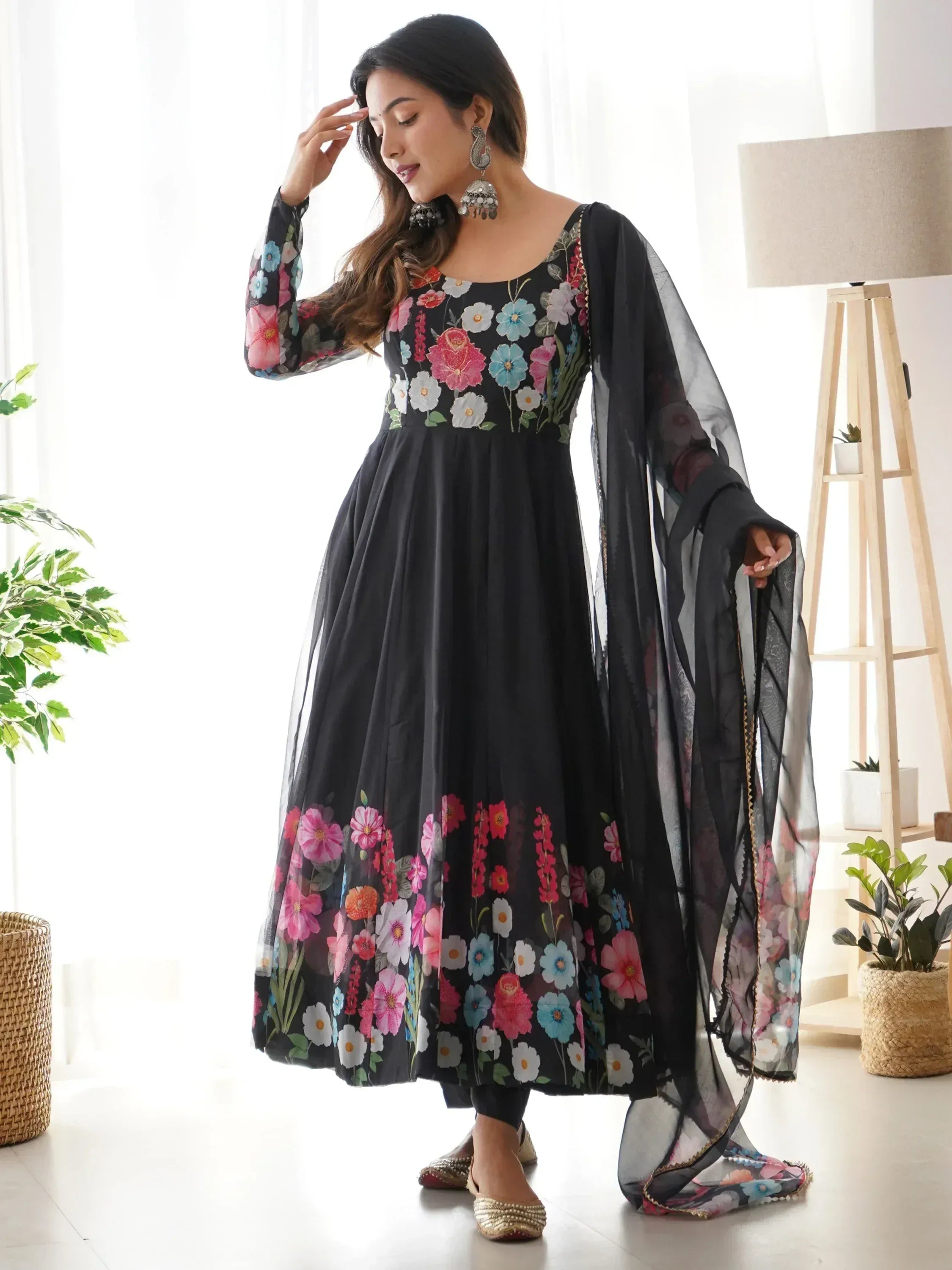 Black floral print anarkali suit with sheer dupatta, Indian ethnic wear for women
