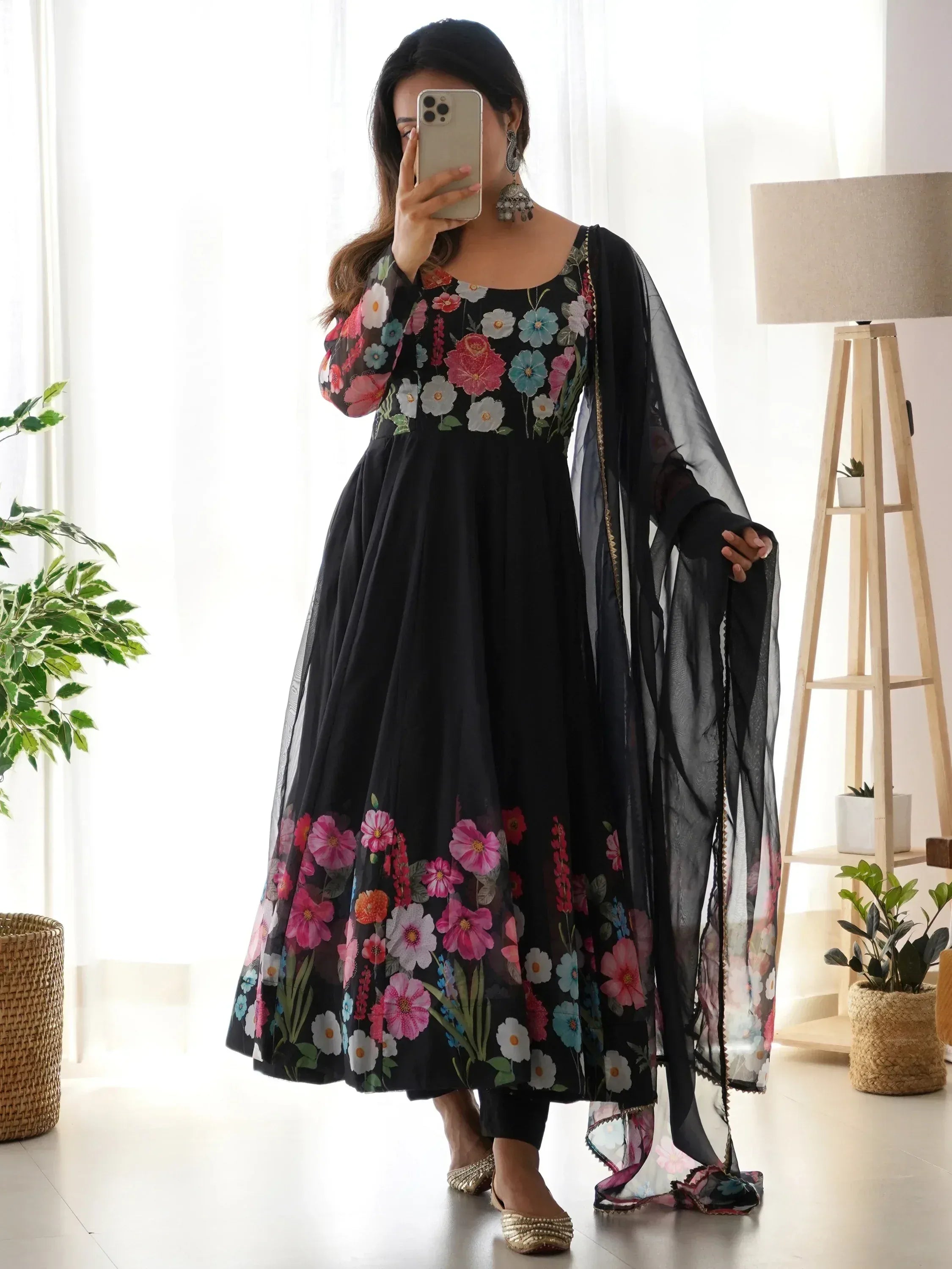 Black floral print anarkali suit with sheer dupatta, ethnic wear for women