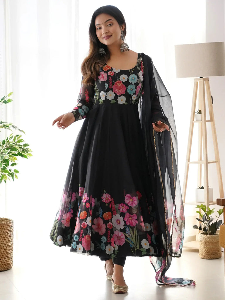Incredible Black Floral Printed Organza Anarkali Suit With Dupatta