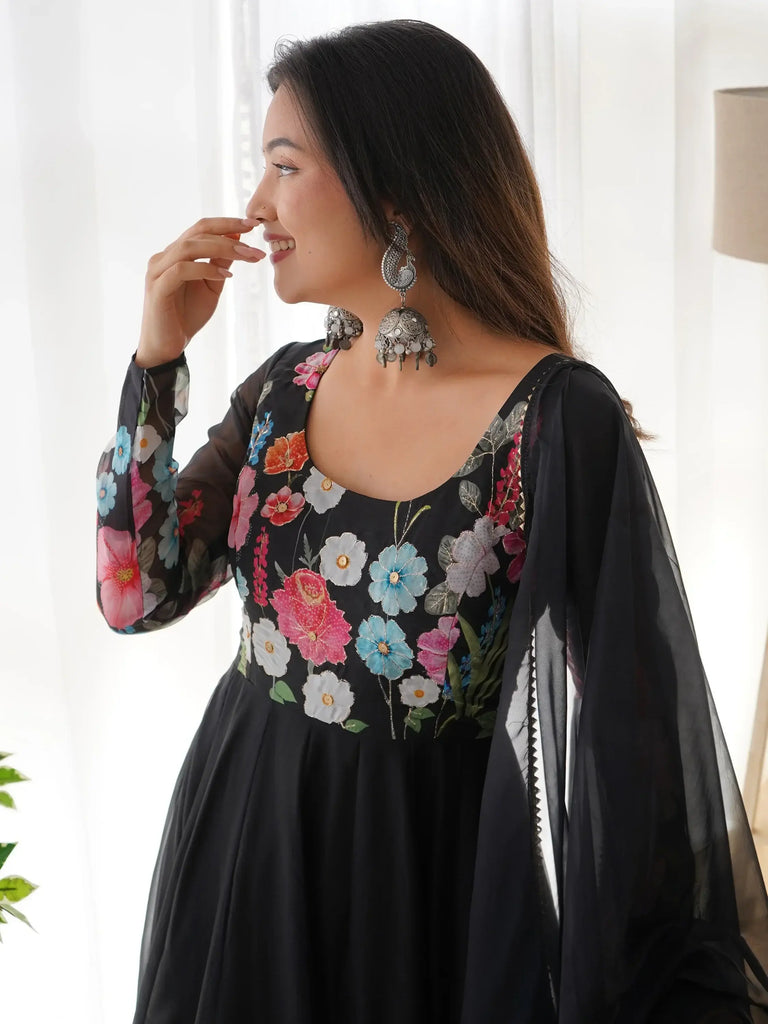 Incredible Black Floral Printed Organza Anarkali Suit With Dupatta