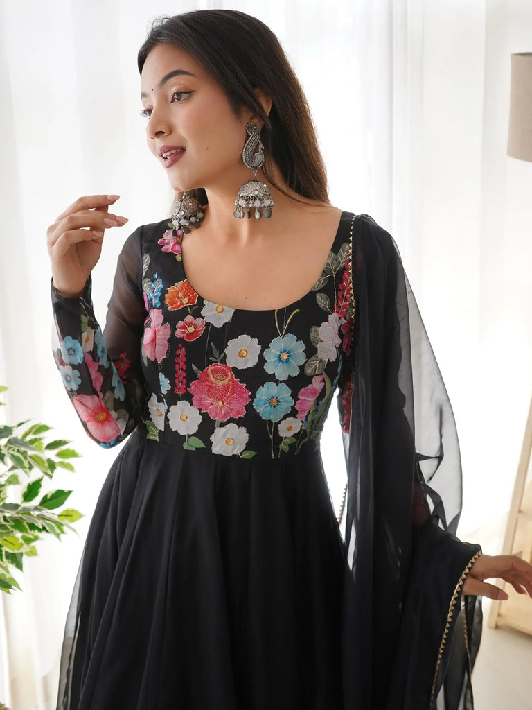 Incredible Black Floral Printed Organza Anarkali Suit With Dupatta