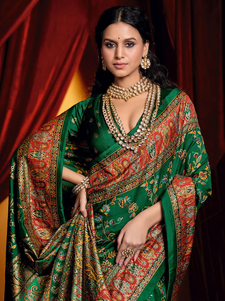Incredible Dark Green Paisley Printed Tussar Silk Function Wear Saree