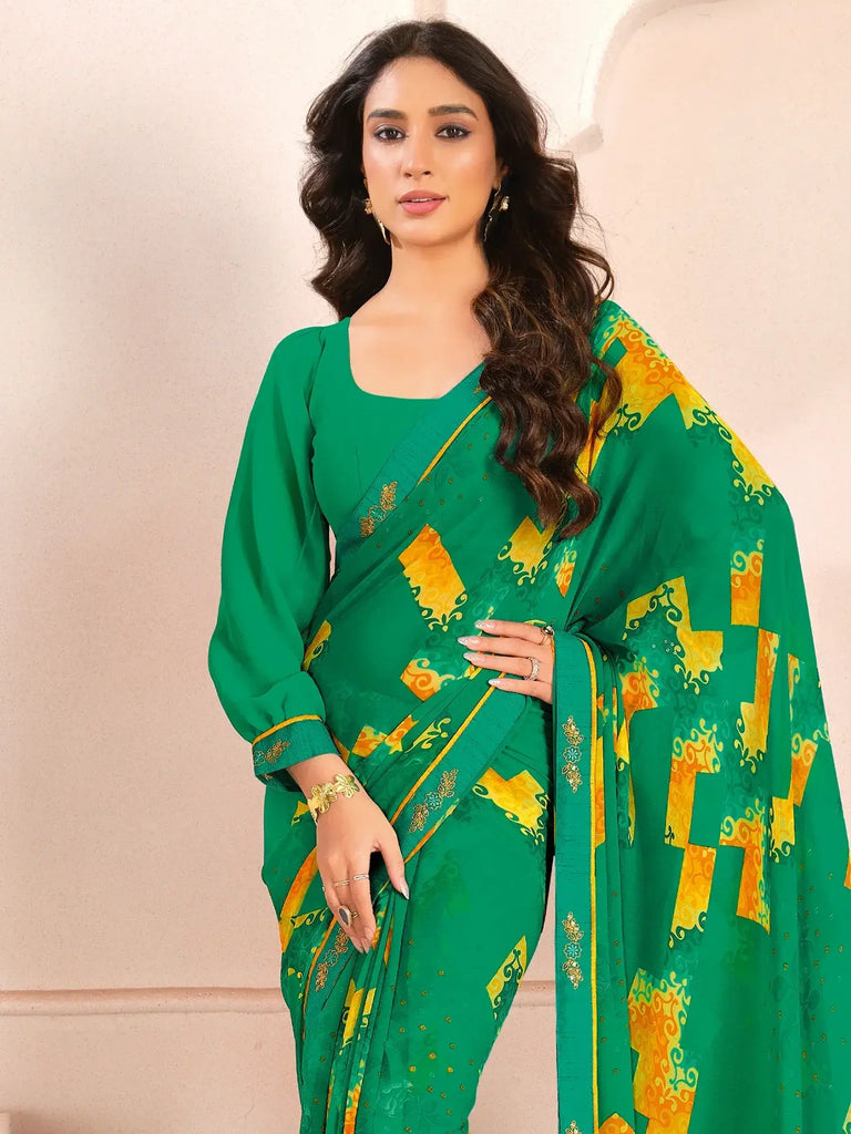 Incredible Green Digital Printed Georgette Casual Wear Saree With Blouse