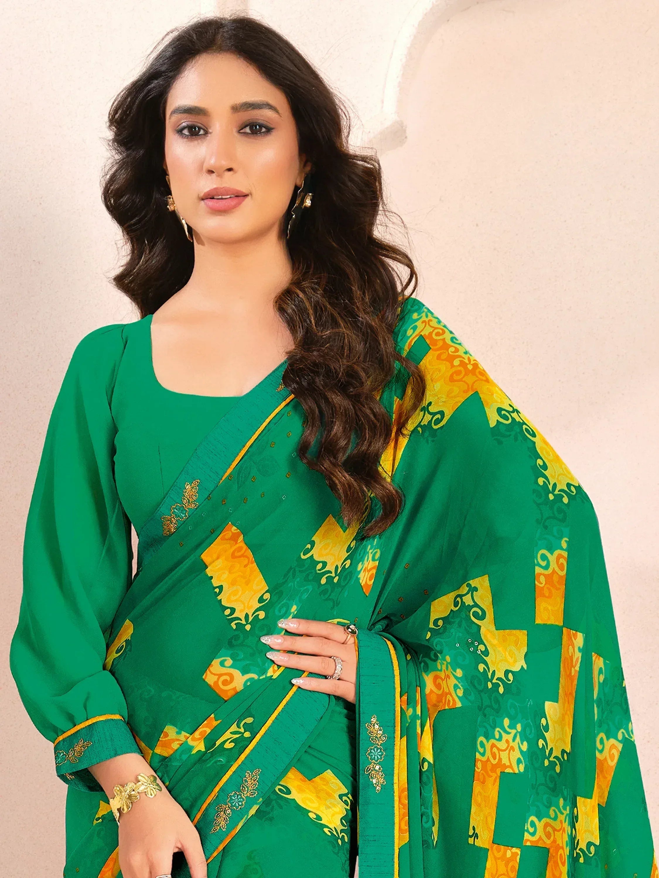 Green printed saree with yellow border and gold embroidery, Indian ethnic wear for women