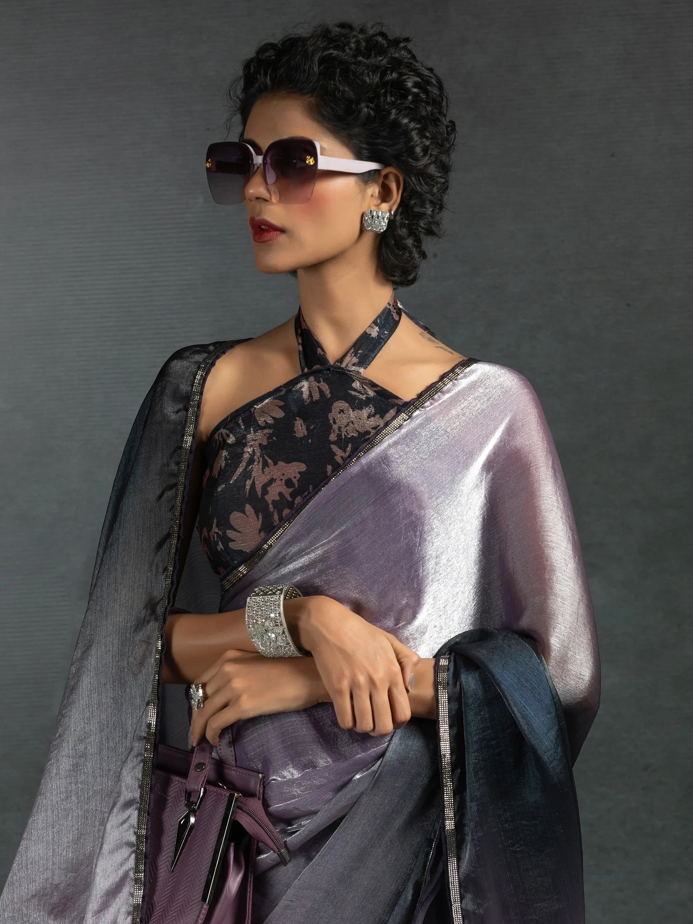 Incredible Lavender Satin Bollywood Pre-Stitched Saree With Blouse
