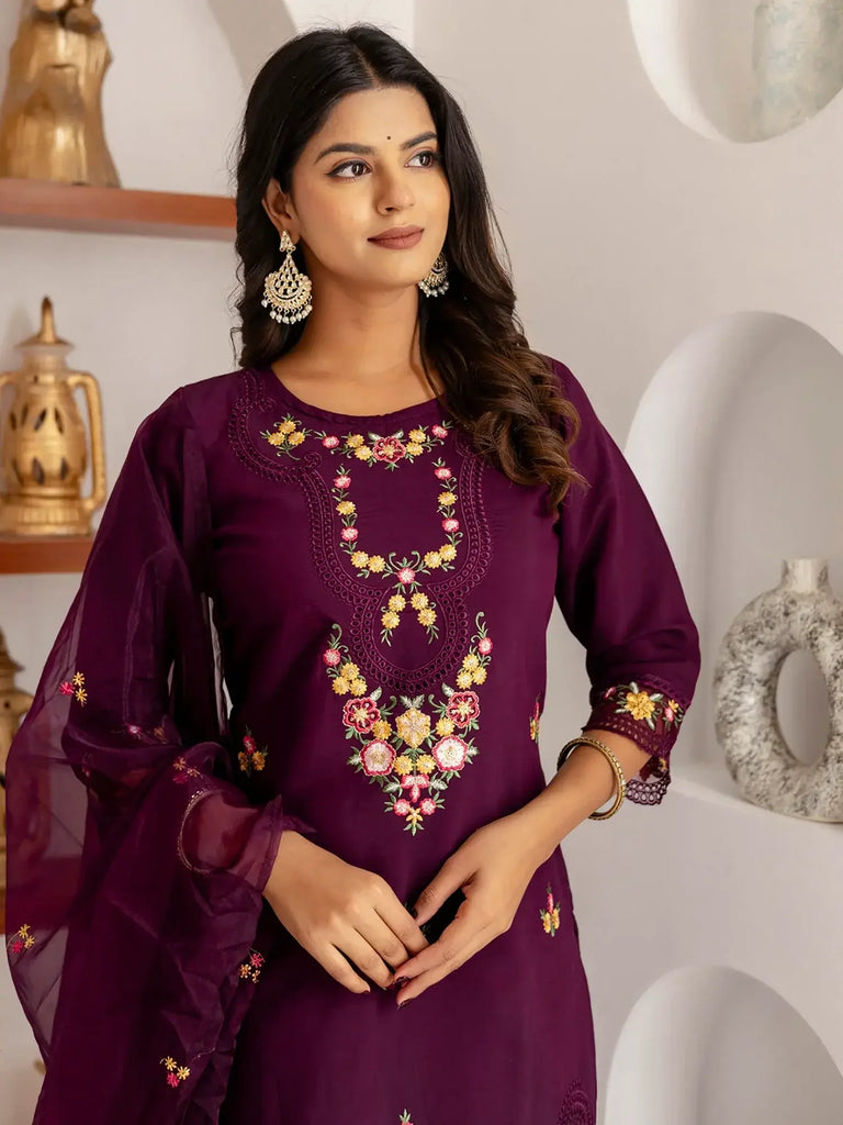 Incredible Purple Floral Embroidered Viscose Pant Suit With Dupatta
