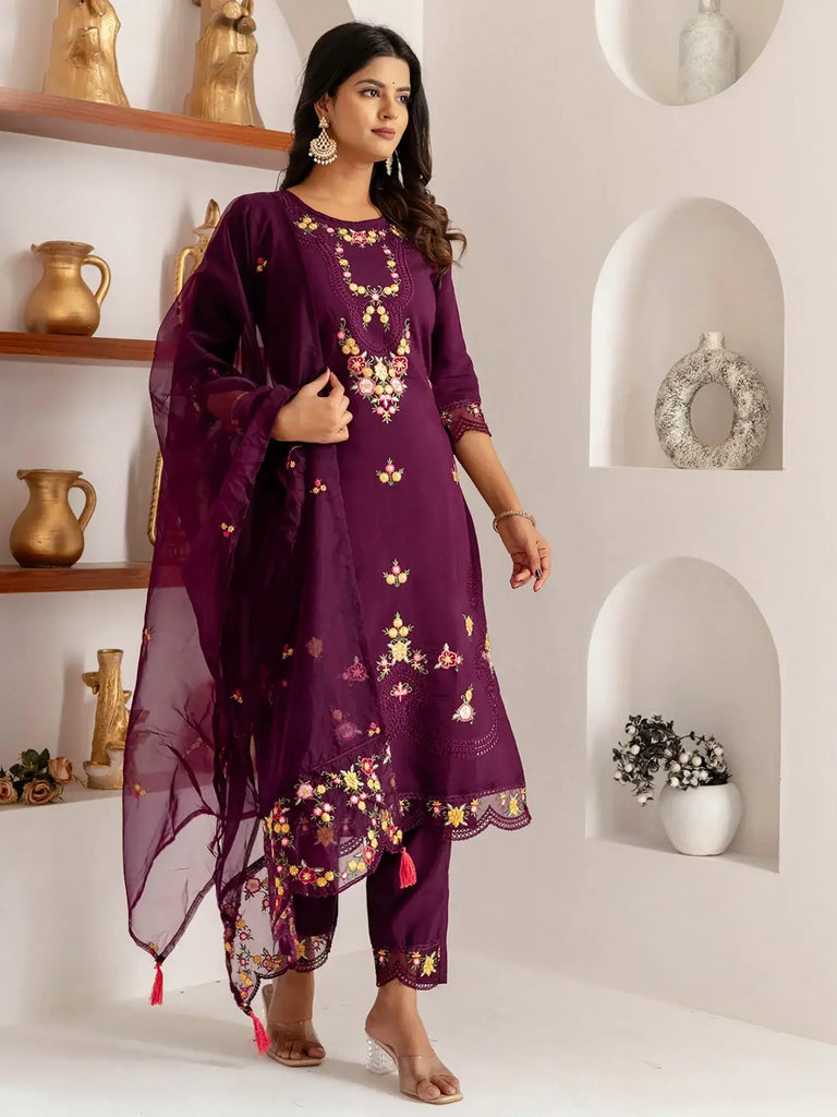 Incredible Purple Floral Embroidered Viscose Pant Suit With Dupatta