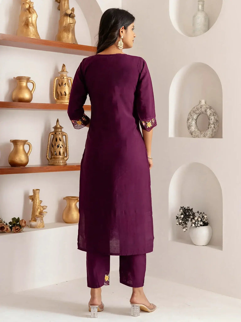 Incredible Purple Floral Embroidered Viscose Pant Suit With Dupatta