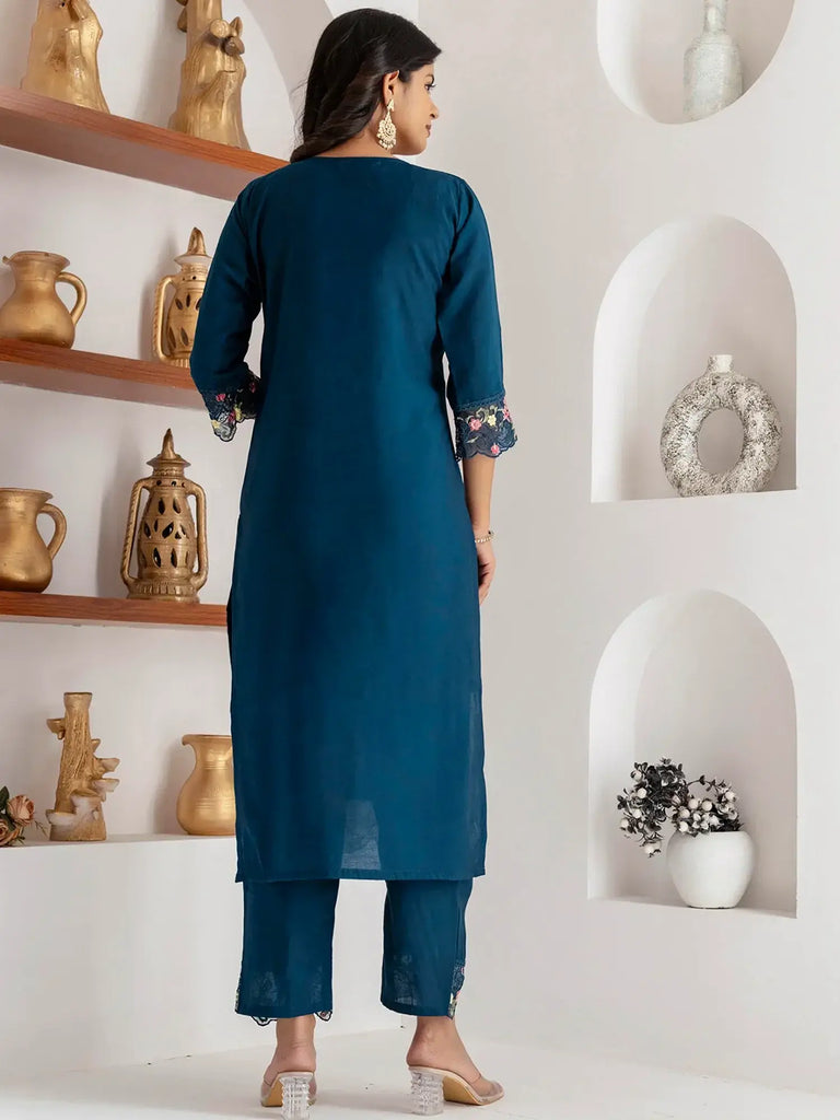Incredible Teal Blue Floral Embroidered Viscose Event Wear Pant Suit