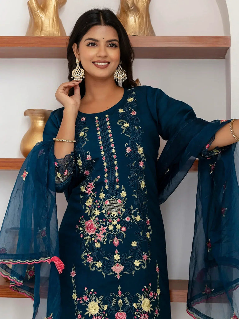 Incredible Teal Blue Floral Embroidered Viscose Event Wear Pant Suit