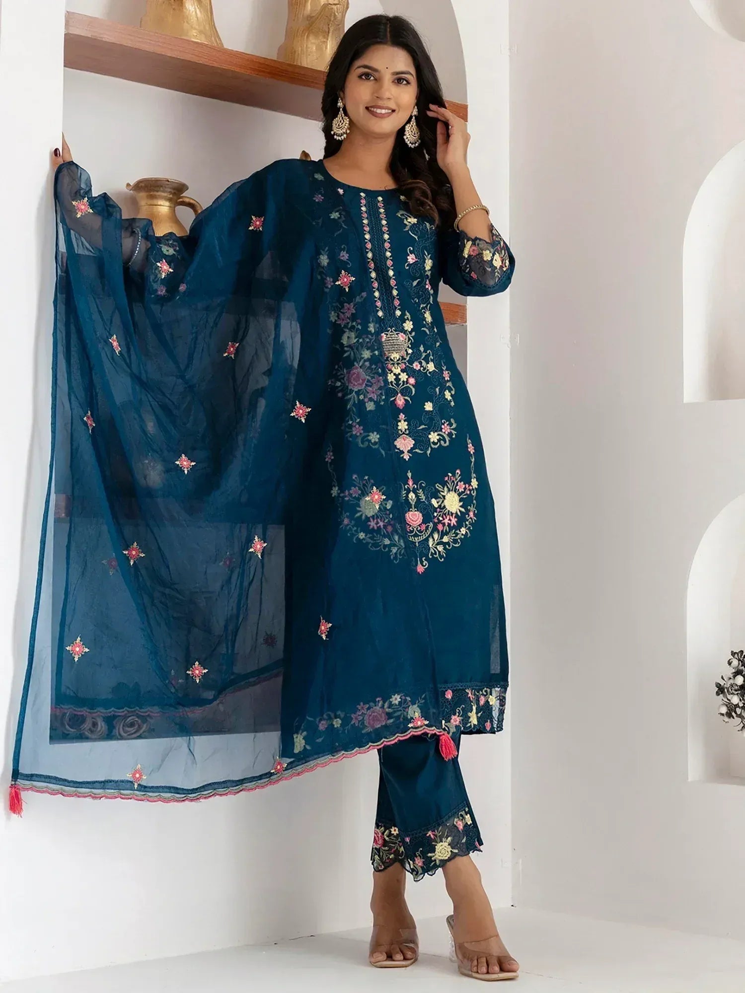 Teal embroidered salwar kameez with floral dupatta, Indian ethnic wear for women