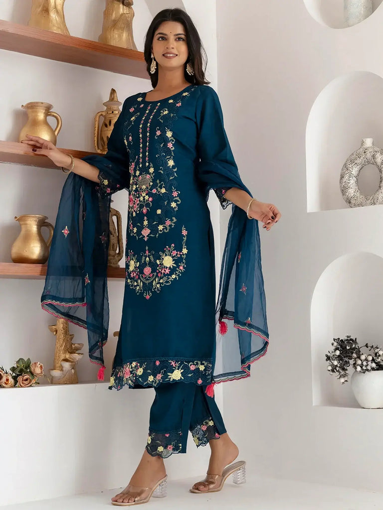 Incredible Teal Blue Floral Embroidered Viscose Event Wear Pant Suit
