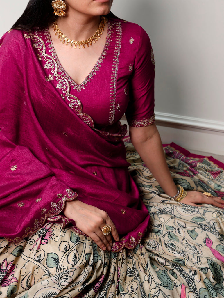 Beautiful Cream Kalamkari Printed Silk Event Wear Half Saree Lehenga