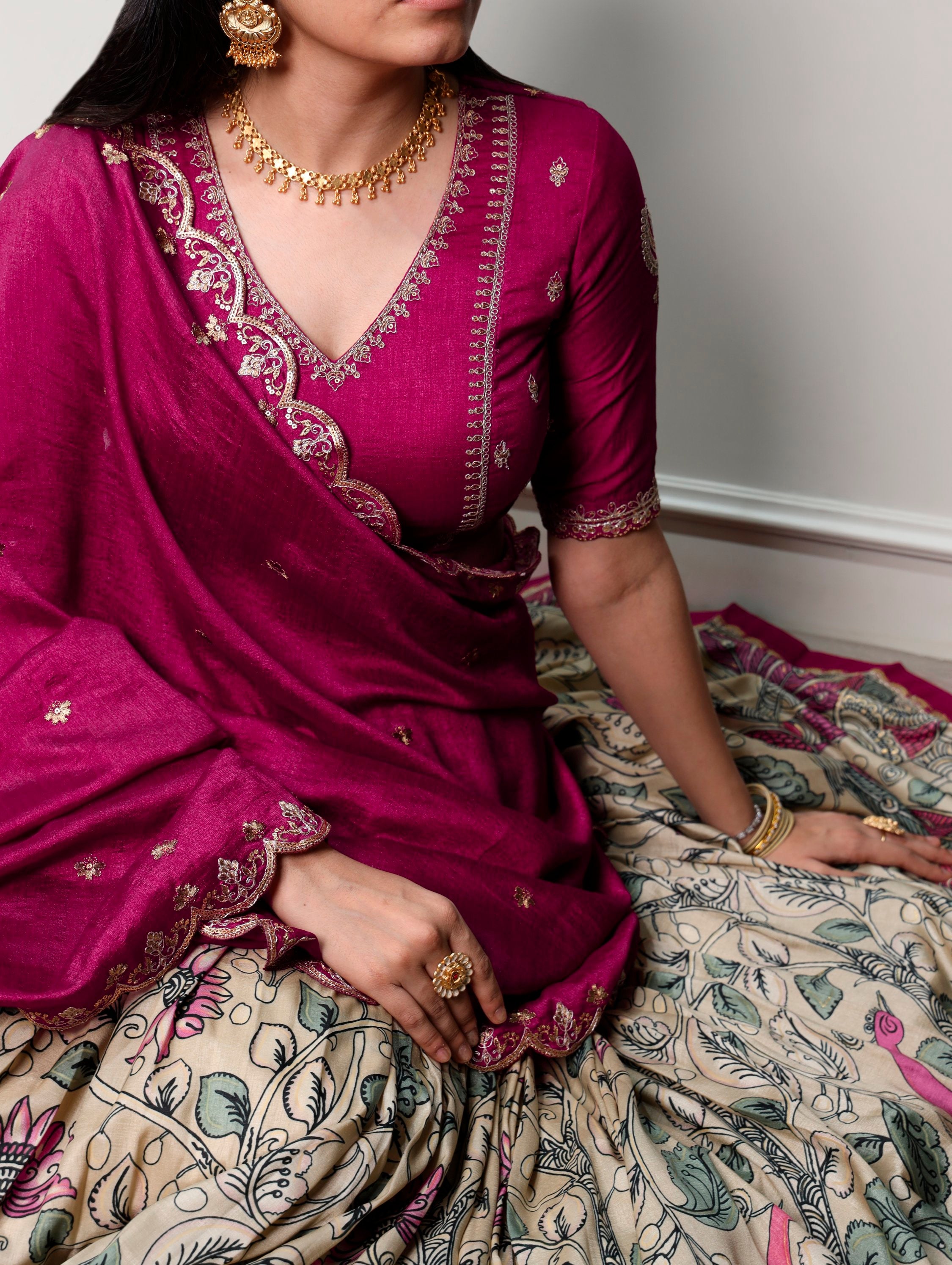 Beautiful Cream Kalamkari Printed Silk Event Wear Half Saree Lehenga