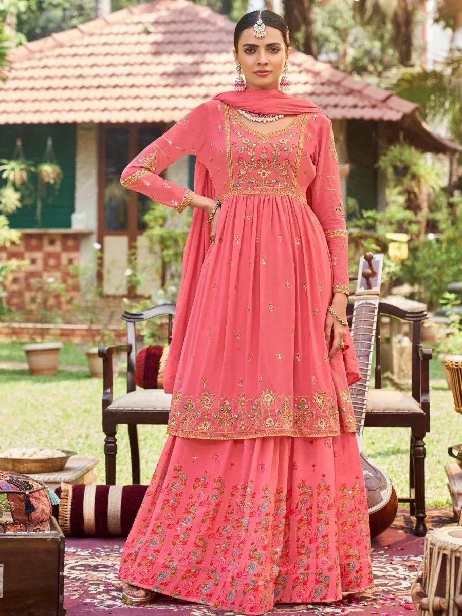 Pink embroidered anarkali suit with floral patterns, perfect for Indian ethnic wear occasions