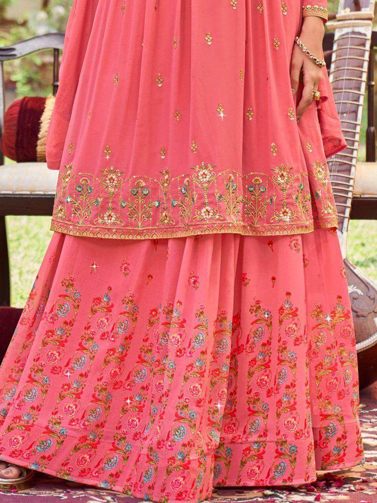 Pretty Pink Embroidered Georgette Festival wear Peplum Top Lehenga