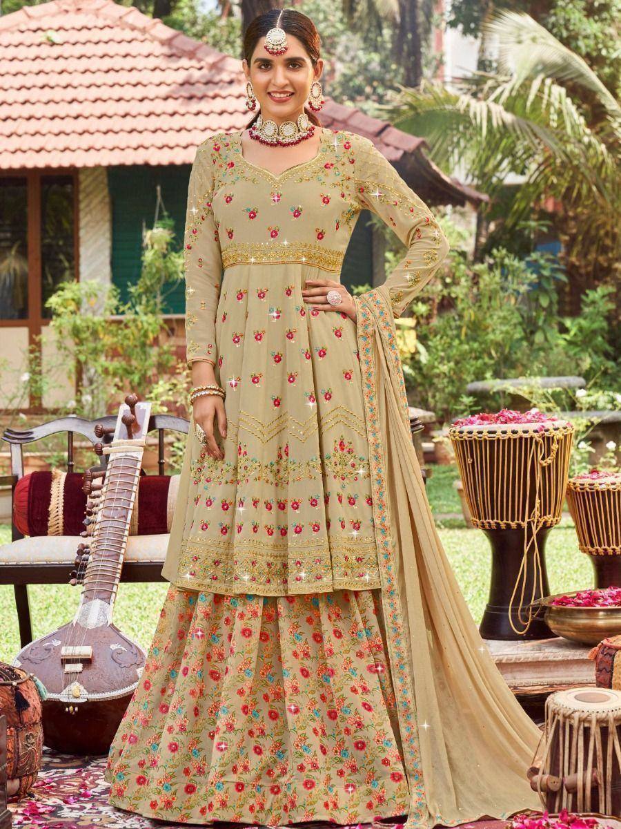 Beige floral embroidered anarkali suit with dupatta, perfect for Indian ethnic occasions and festive wear