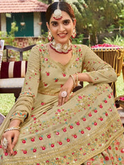 Perfect Beige Embroidered Georgette Mehendi Wear Peplum Top Lehenga
