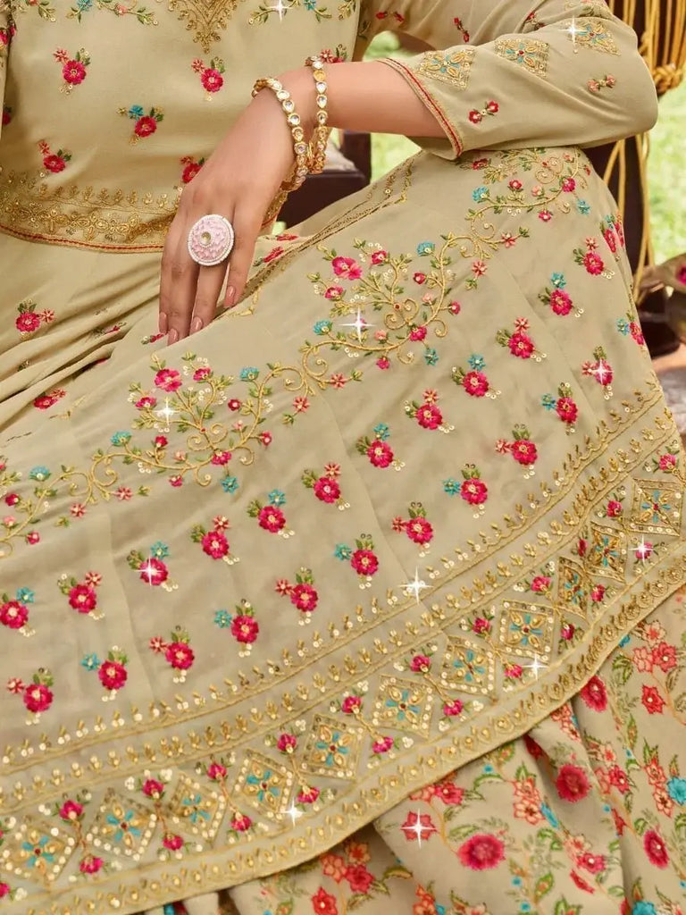 Perfect Beige Embroidered Georgette Mehendi Wear Peplum Top Lehenga