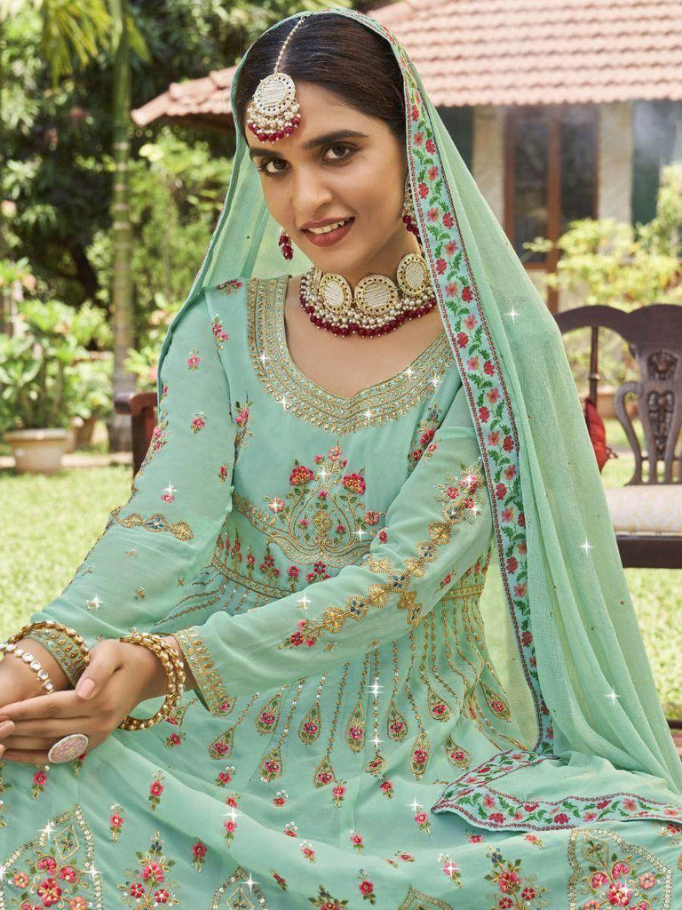 Jazzed-Up Sea Green Embroidered Georgette Peplum Top Lehenga