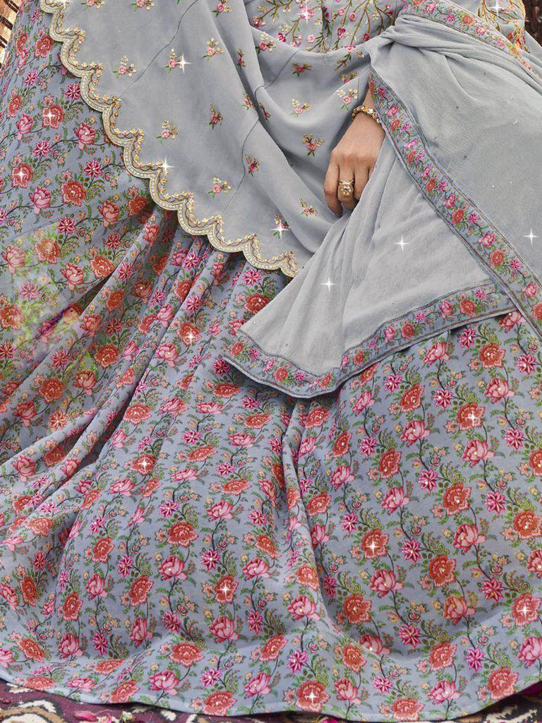 Gorgeous Grey Embroidered Georgette Festival Peplum Top Lehenga
