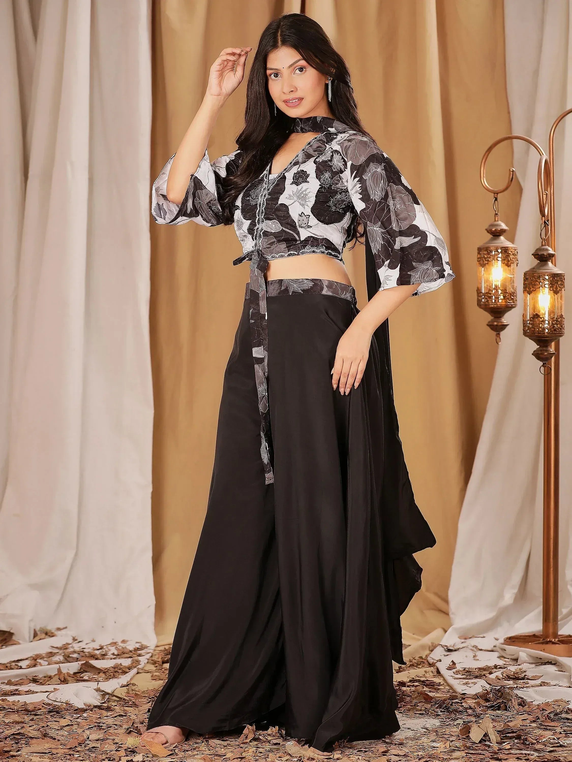 Black and white floral crop top with wide-leg palazzo pants, ethnic wear for women