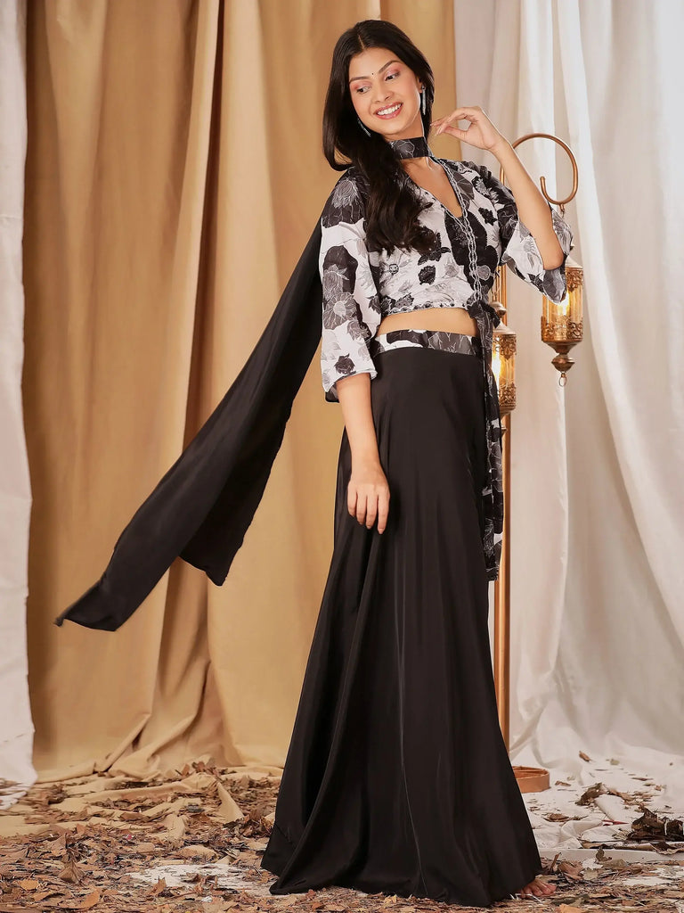 Gorgeous Black Printed Crepe Crop Top Palazzo With Dupatta