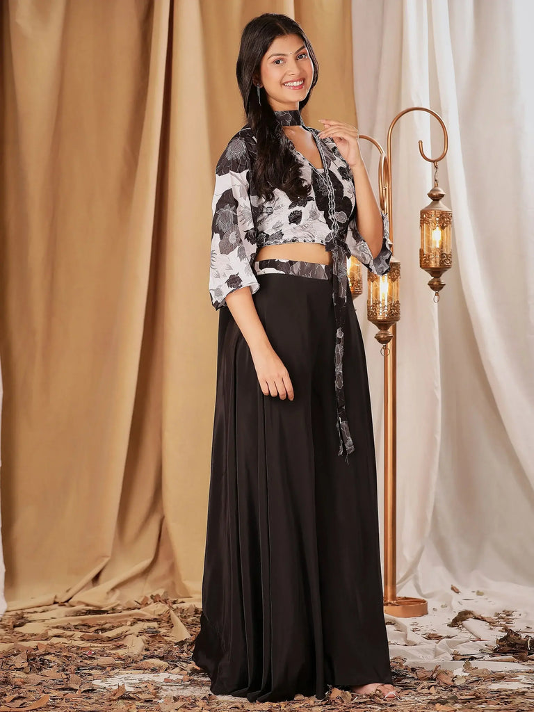 Gorgeous Black Printed Crepe Crop Top Palazzo With Dupatta