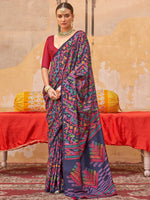 Fabulous Navy Blue Digital Printed Silk Event Wear Saree With Blouse