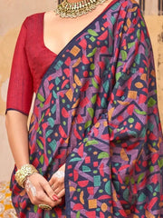 Fabulous Navy Blue Digital Printed Silk Event Wear Saree With Blouse