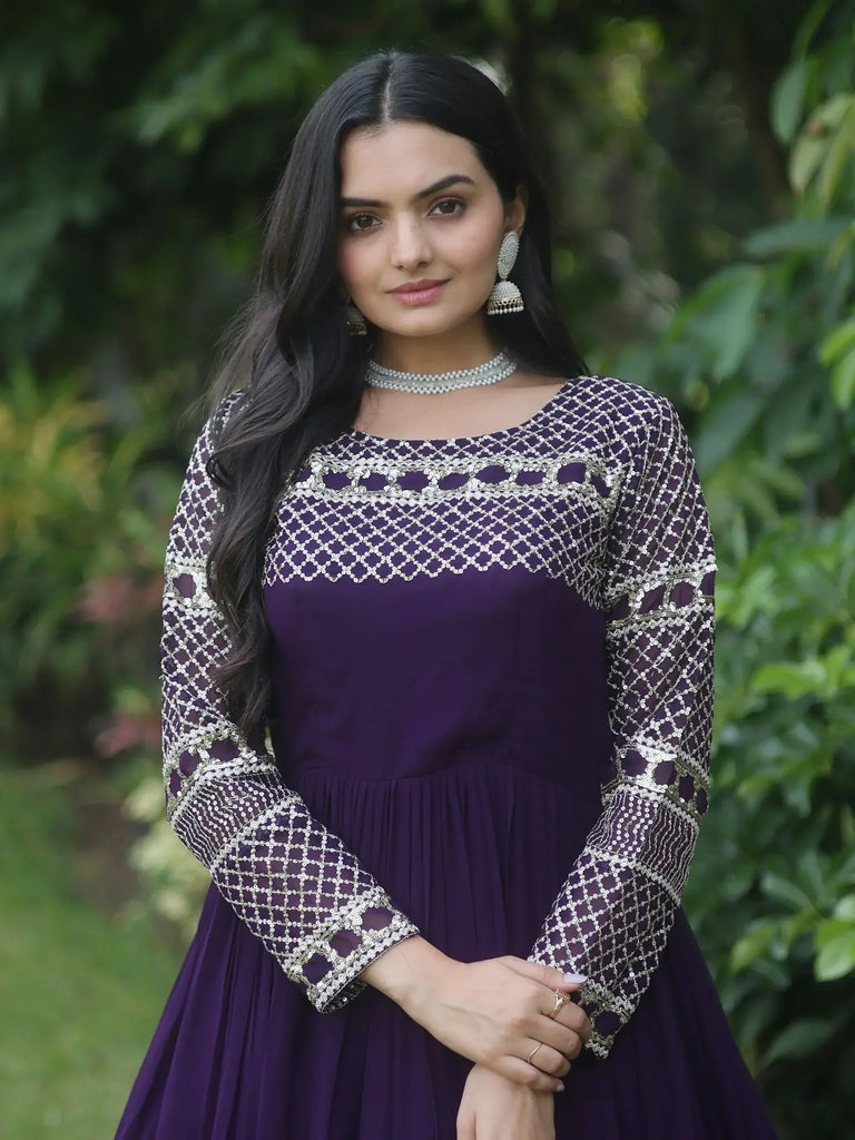 Glamorous Purple Sequins Georgette Function Wear Gown