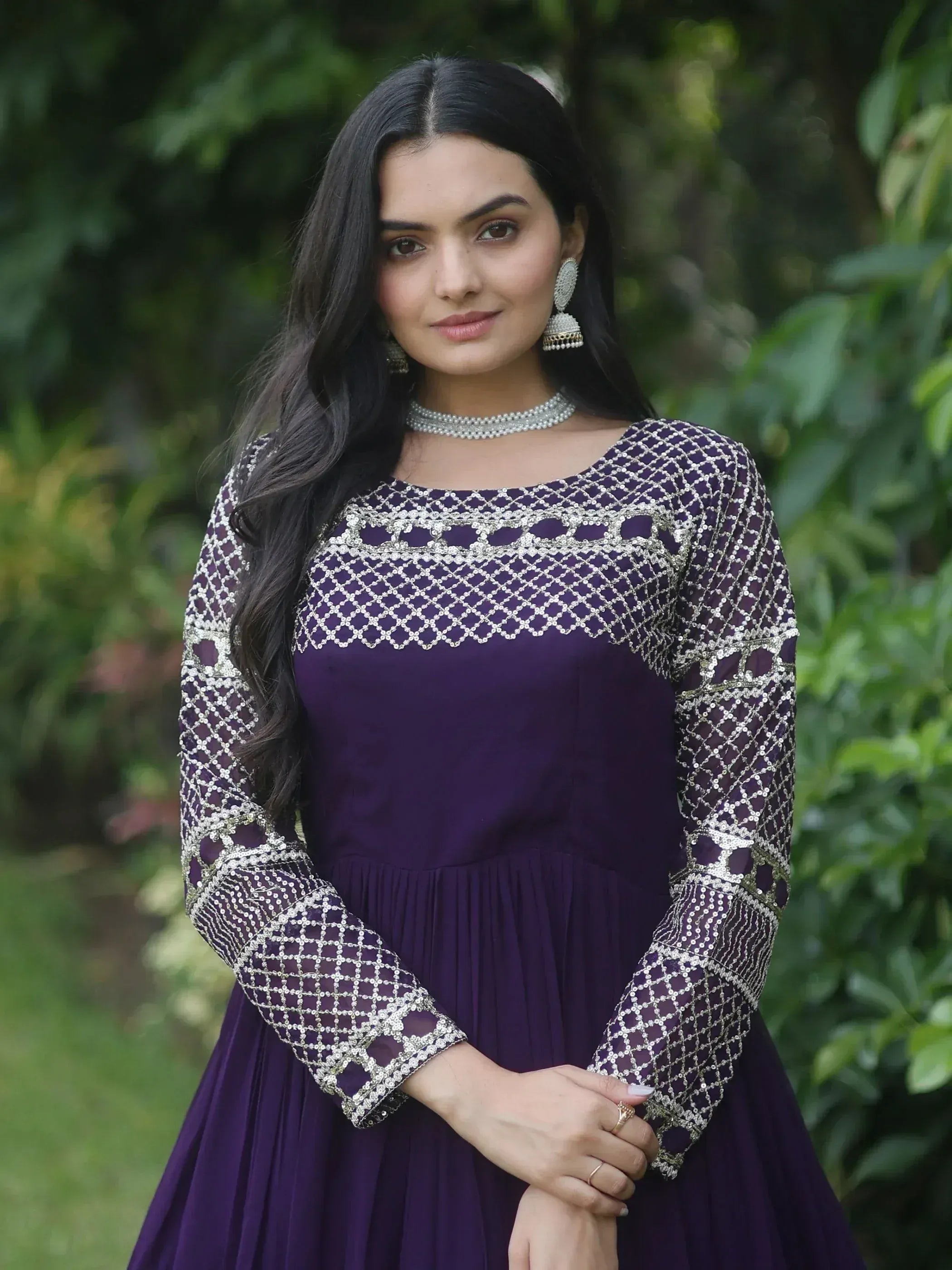 Purple ethnic gown with silver embroidery, perfect for Indian occasions and weddings