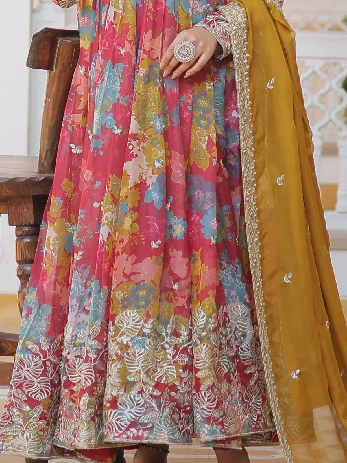 Floral printed Indian anarkali with gold dupatta, ethnic wear for women