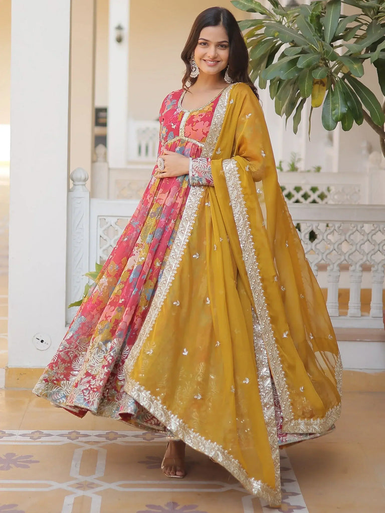 Gorgeous Pink Floral Printed Silk Festival Wear Gown With Dupatta