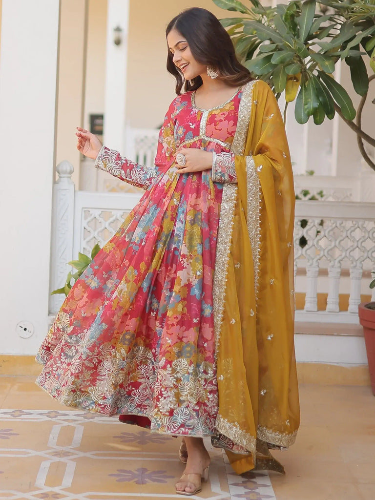 Gorgeous Pink Floral Printed Silk Festival Wear Gown With Dupatta