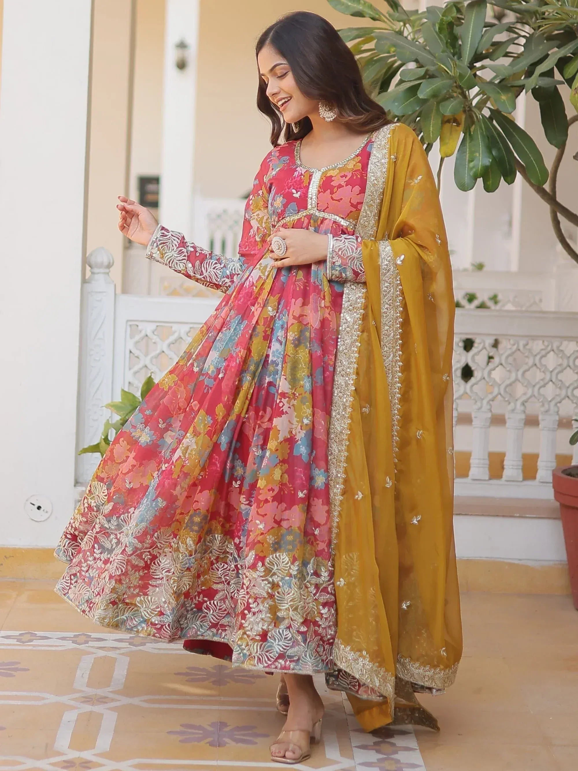 Floral printed anarkali suit with gold dupatta, ethnic Indian wear for women